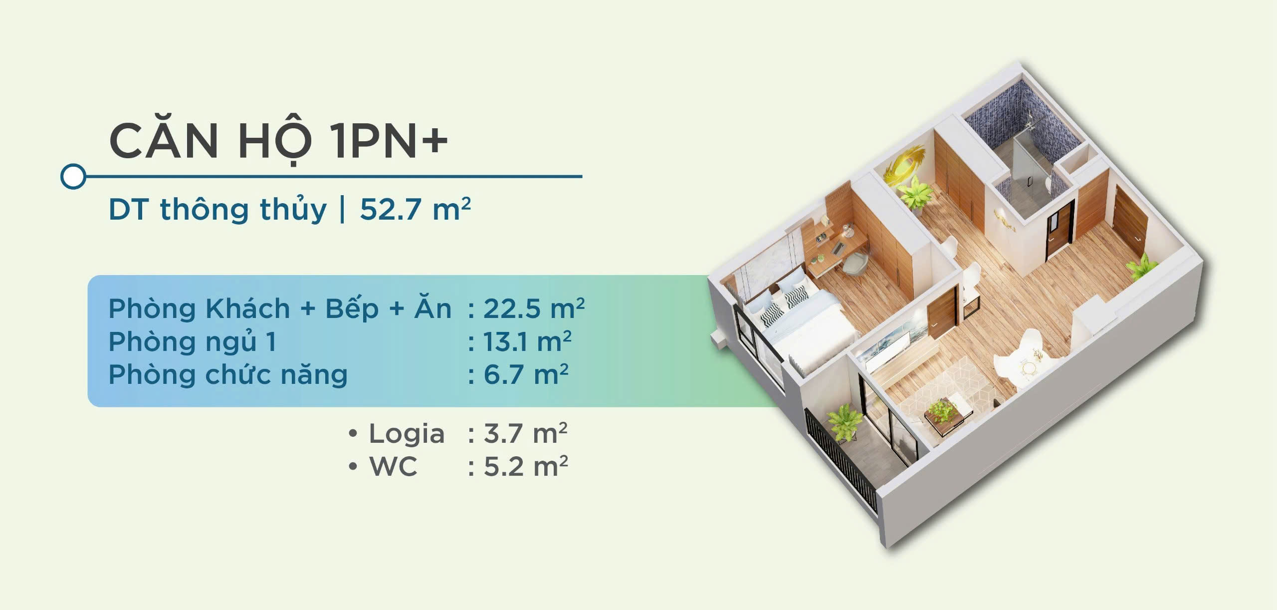 Thiết kế 3D Chi tiết căn hộ Yên Bình Complex Thái Nguyên- Căn hộ 1PN