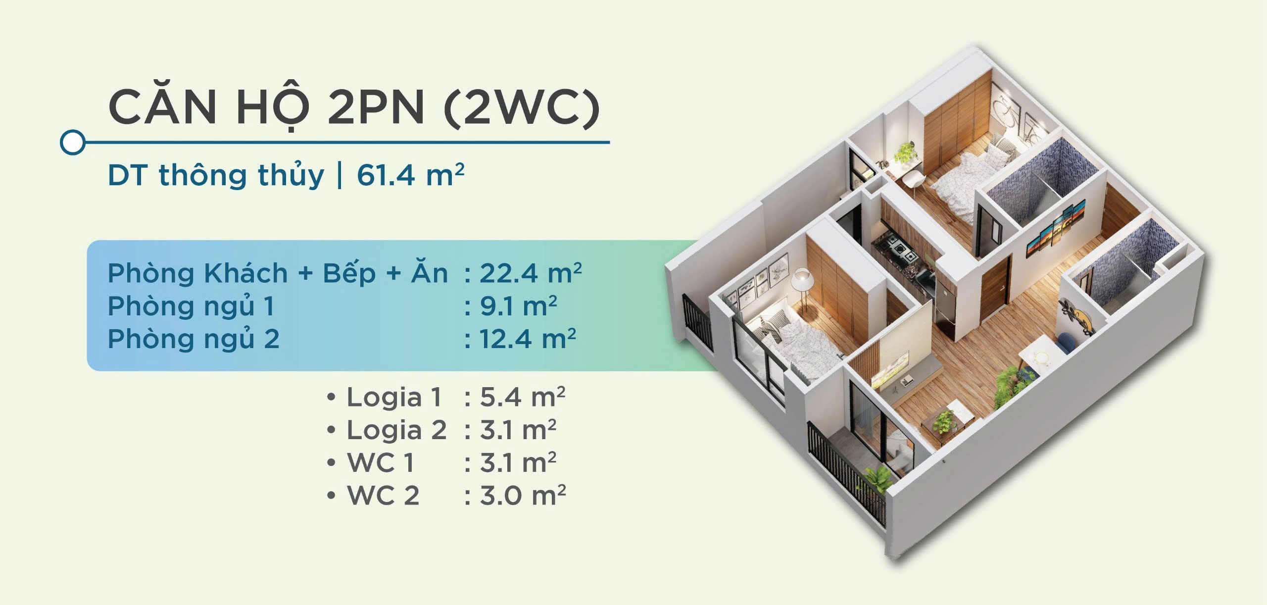 Thiết kế 3D Chi tiết căn hộ Yên Bình Complex Thái Nguyên- Căn hộ 2PN-2wc - Hình 2