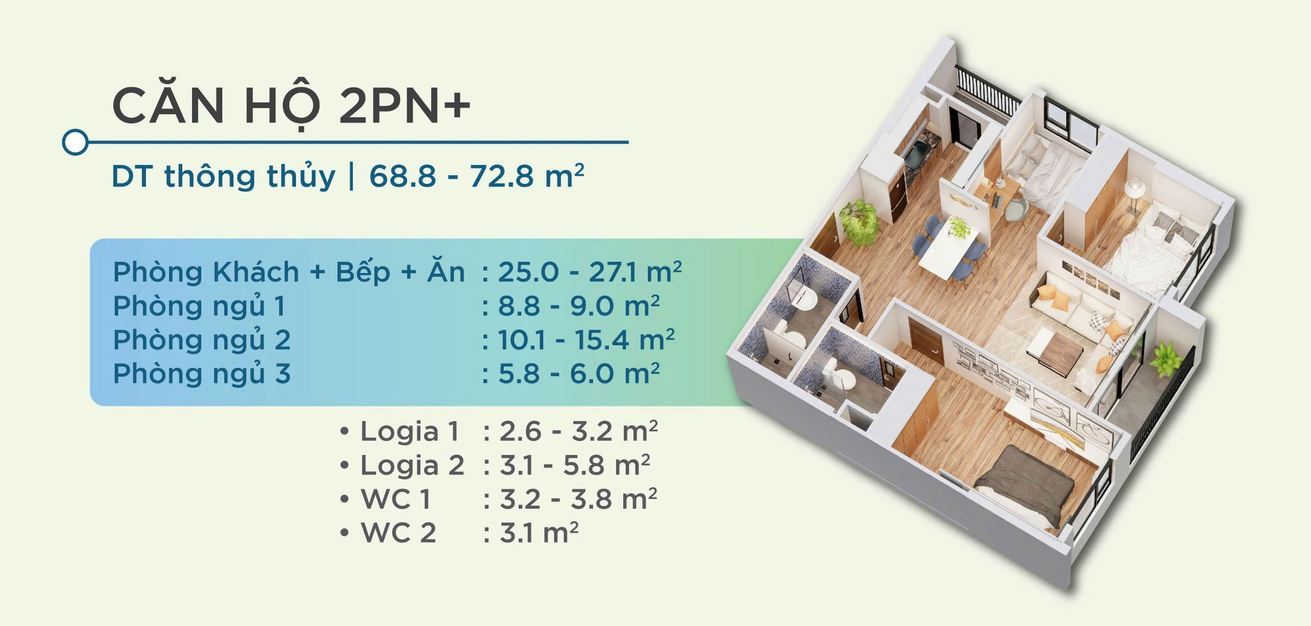 Thiết kế 3D Chi tiết căn hộ Yên Bình Complex Thái Nguyên- Căn hộ 2PN +1